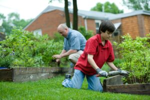 father and son growing community garden on vacant land