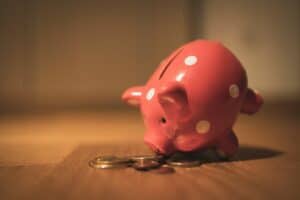 Pink Piggy Bank apuntando a monedas en una mesa que simboliza cómo proteger su dinero: Sáquelo de los bancos e introdúzcalo en activos como la tierra