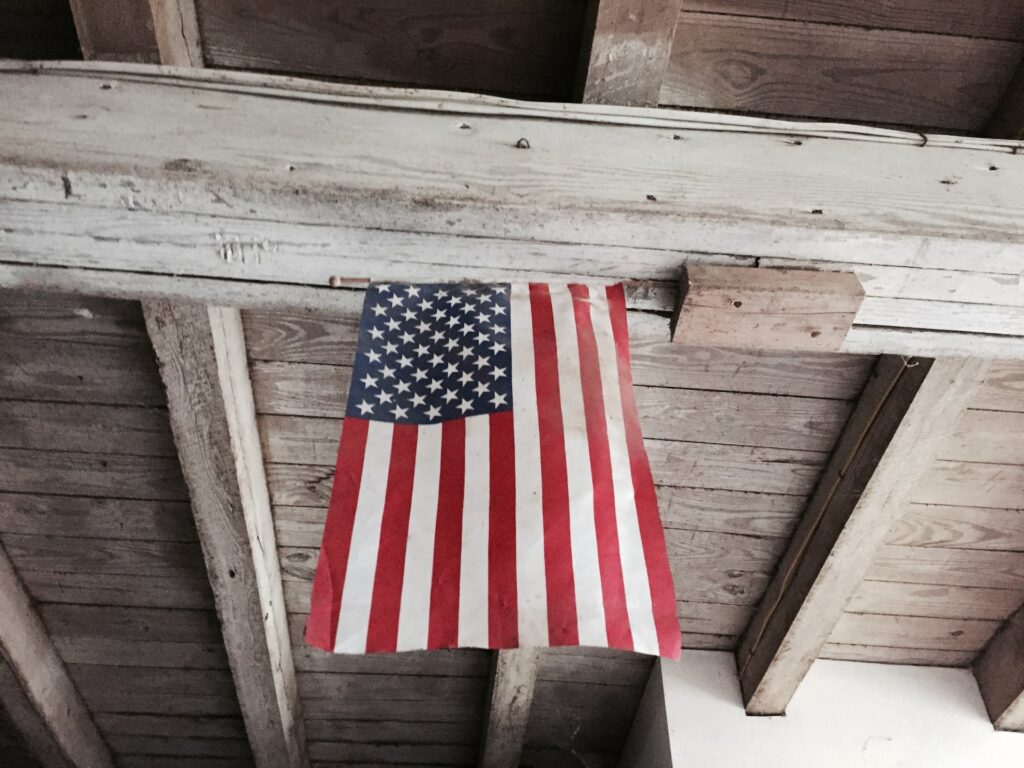U.S. American flag hanging on ceiling for celebrating Labor Day 2023